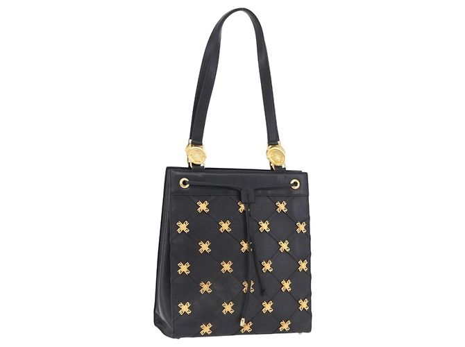 Borsa Tote Gianni Versace in pelle nera e oro Auth BA14178V Nero