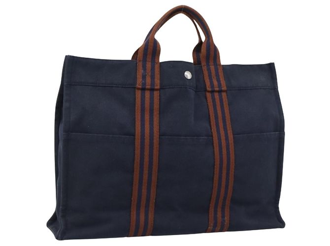 Hermès Borsa Fourre Tout MM HERMES in tela blu navy e argento Auth fm5406