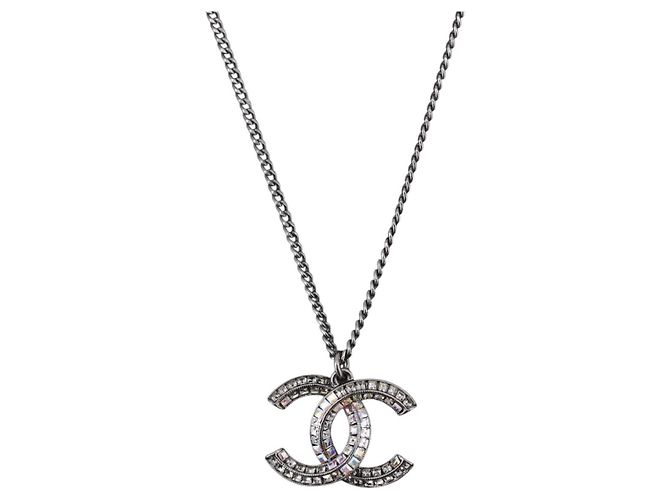 CHANEL COCO Mark Stone Halskette aus Metall Silber CC Authentisch yk20638M
