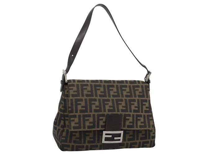 FENDI Zucca Canvas Mamma Baguette Borsa a Spalla Marrone Nero Auth 193847V