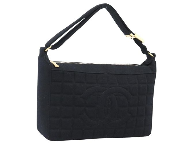 CHANEL Choco Bar Hand Bag Cotton Black Gold CC Auth 194003A Noir Doré