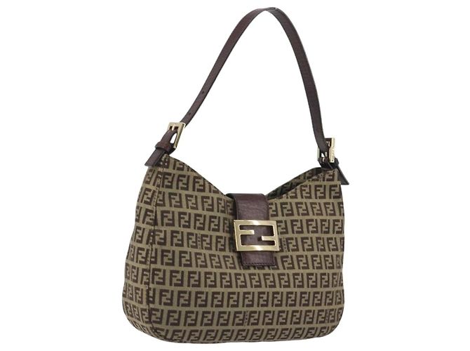 FENDI Zucchino Canvas Hand Bag Beige Gold Auth ep15560 Golden