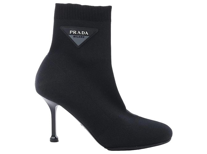 Prada Triangle Logo Leather x Fabric SOCK BOOTS in Black, Size EU 38