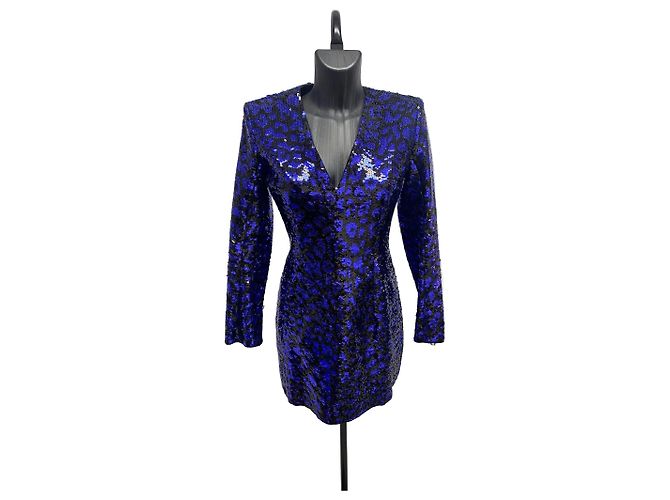 Mini abito BALMAIN con paillettes stampa leopardata Fall2009 in blu elettrico e nero - Taglia FR 38