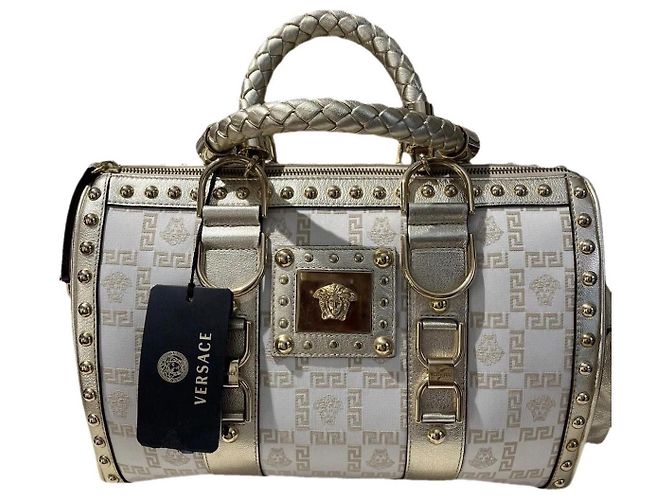 Medusa Bolsa de mão Versace Greca em couro e tecido Branco Dourado 