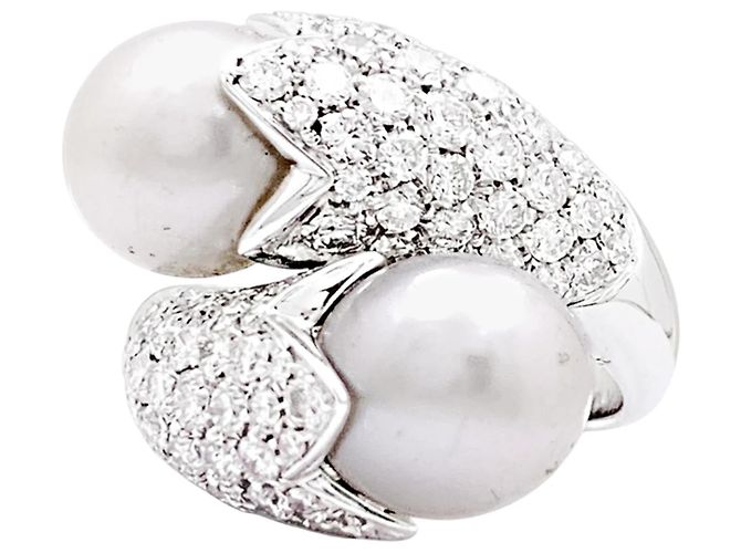 Autre Marque Anillo “Toi & Moi”, oro blanco, perlas, diamantes
