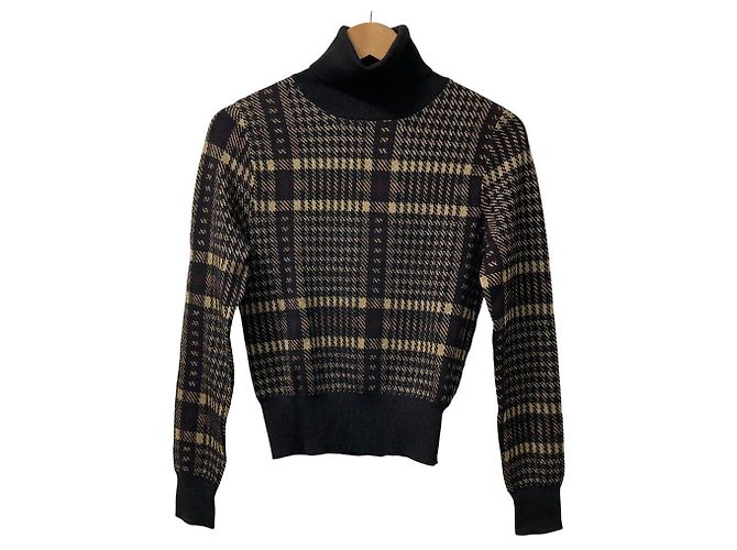 Autre Marque Dries Van Noten Rollkragen-Strickpullover mit Karomuster Schwarz Beige