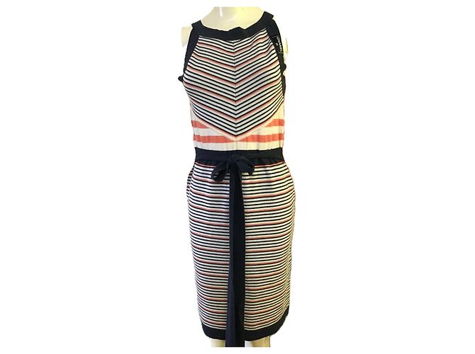 Chanel Gestreiftes Strickkleid mit Gürtel Schwarz Weiß Rot