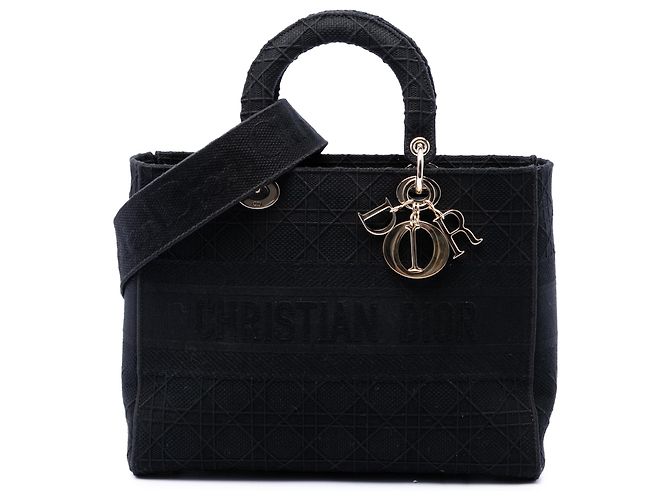 Dior Cannage Lady D Lite en toile brodée noire Large