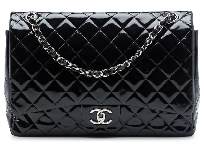 Chanel Black Maxi Classic Patent Double Flap Noir
