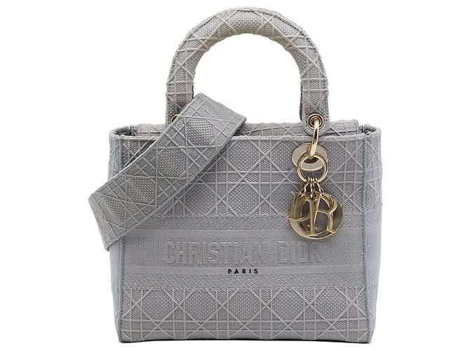 Dior Gris Medium Toile Brodée Cannage Lady D Lite Marron