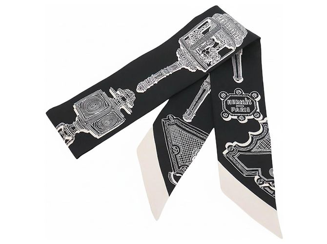 Lenço Twilly de seda Hermès Black Merveilleuses Lanternes Preto