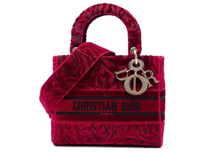 Dior Red Medium Embroidered Velvet Roses Lady D Lite Rot