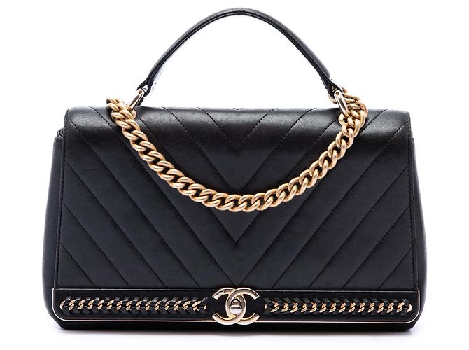 Chanel Black Chevron Sheepskin Stitched Chain Top Handle Flap Noir