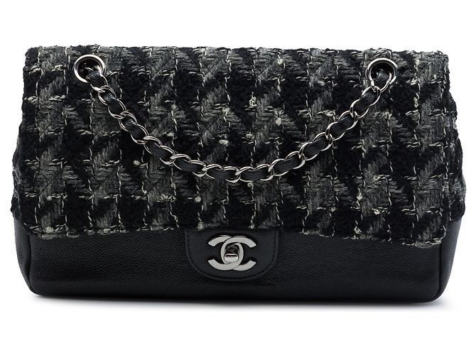 Chanel Black Medium Classic Tweed et Caviar Double Flap Noir