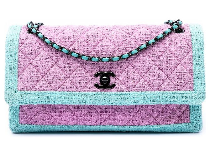 Chanel Pink CC Quilted Bicolor Tweed Flap