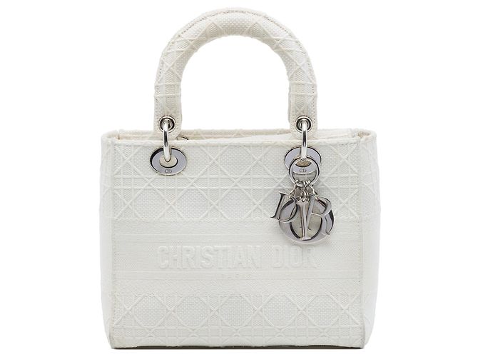 Dior Cannage Lady D Lite en toile brodée blanc Medium Écru