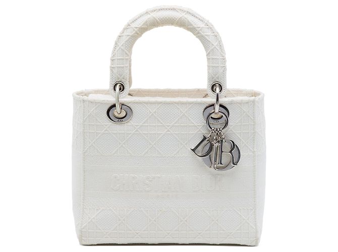 Dior Cannage Lady D Lite en toile brodée blanc Medium Écru