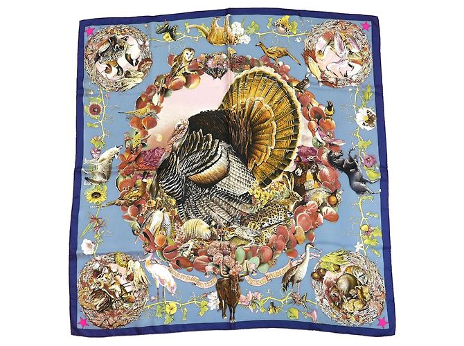 Carré Hermès Faune et Flore du Texas Wildlife 90 cm Marrom Rosa Branco Azul Dourado Amarelo