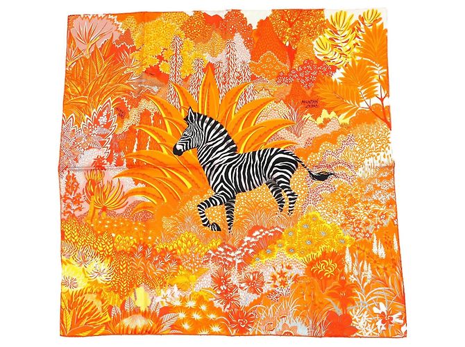 Hermès Carré Mountain Zebra Seidenschal 90 cm Orange Schwarz Weiß Grau Gelb