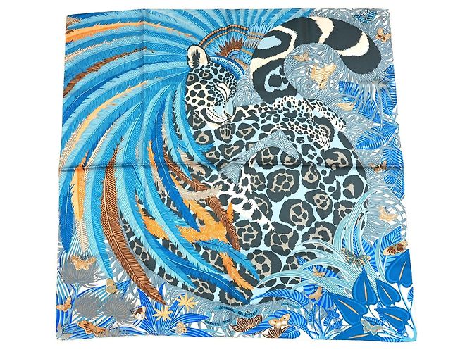 Hermès Jaguar Quetzal 90cm Silk Scarf - Blue Brown White Golden Grey