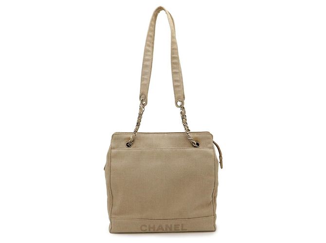 Chanel Schultertasche aus Leinen Braun Beige