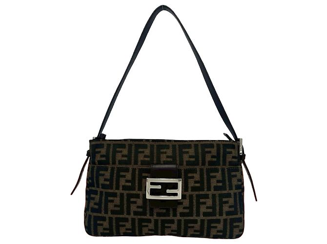 Bolsa de ombro em couro e lona Zucca Fendi