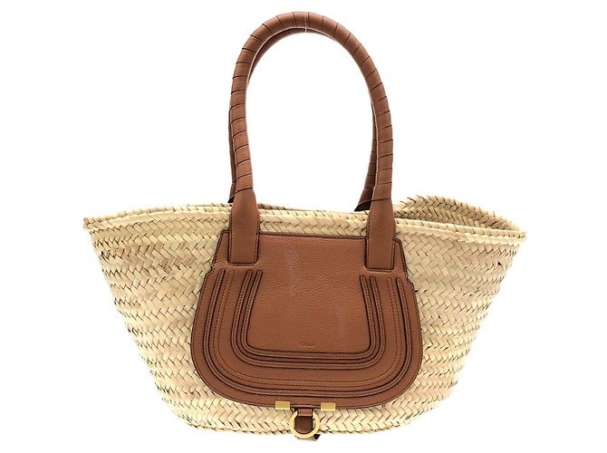 Chloé Borsa Marcie Medium Basket in Raffia e Vitello Chloe Marrone