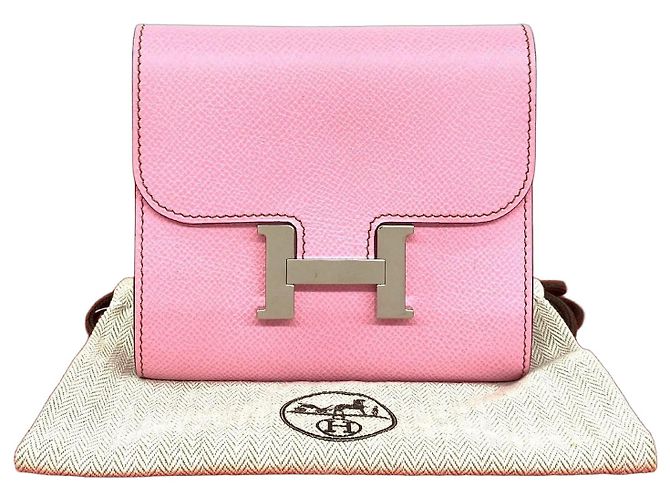 Hermès Carteira compacta de couro Hermes Constance Rosa