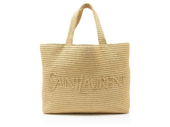 Saint Laurent Raphia Logo Tote Braun Beige