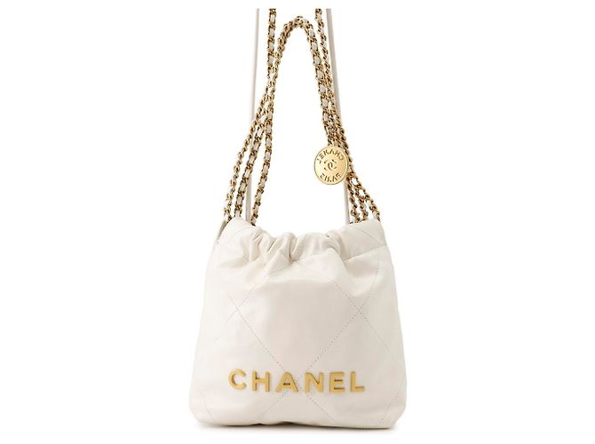 Timeless Chanel 22 Mini Coco Mark Handtasche aus glänzendem Kalbsleder Weiß