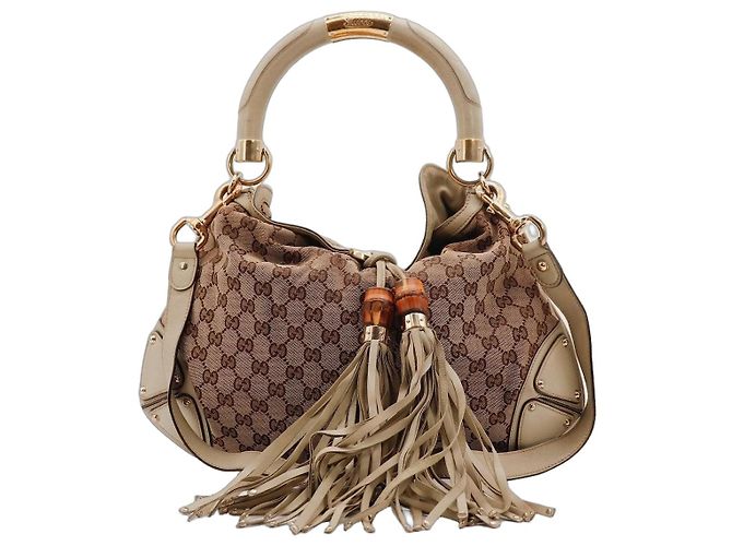 Bamboo Gucci Borsa Hobo Shopper in Tela Monogramma e Bambù Marrone Beige