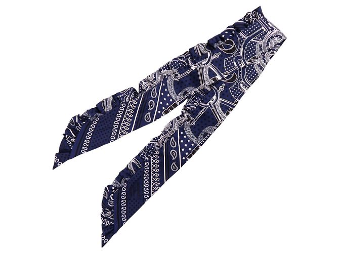 Hermès Lenço de seda Hermes Twilly Frill Apron d'Or Preto Branco Azul marinho