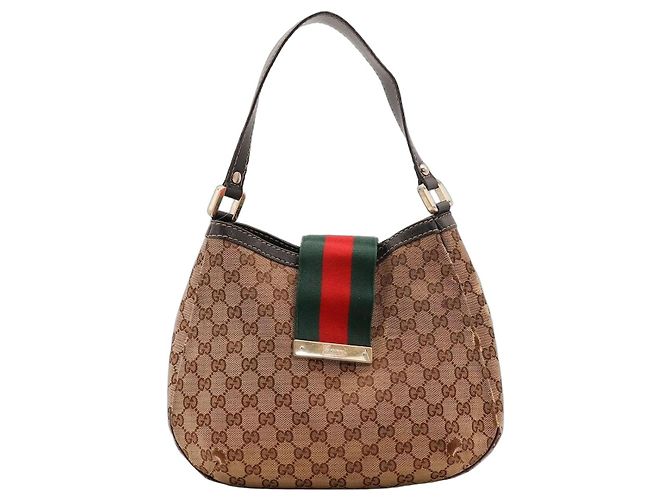 Gucci Bolsa Hobo Abbey Canvas Monogram Marrom Vermelho Verde