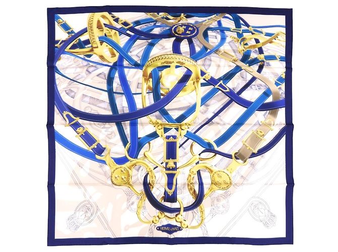 Silk In Hermès Hermes Carre 90 Cavalcodour Voltigeur Sciarpa di Seta Blu Crudo Giallo 