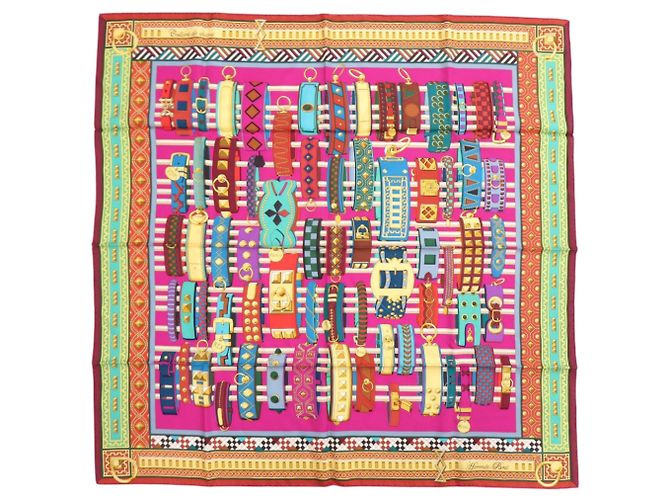 Hermès Hermes Carre 90 Collier de Chien Sciarpa in Seta Rosa Multicolore Verde Giallo