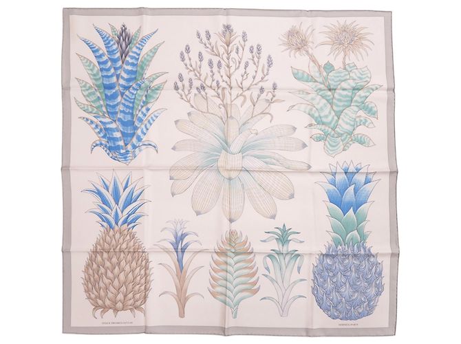 Hermès Hermes Carré 90 Index Bromeliaceae Seidentuch Braun Blau