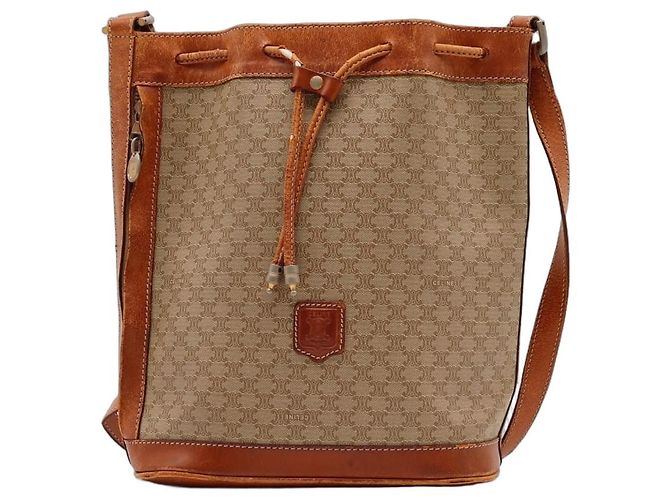 Céline Celine Borsa a Secchiello Tela Monogrammata e Pelle Marrone