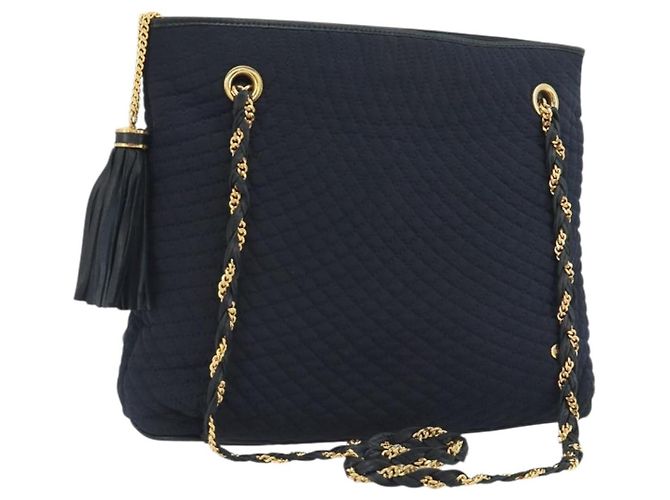 Bolsa de Ombro com Corrente BALLY Nylon Navy Gold Tone Auth 192792 Azul marinho