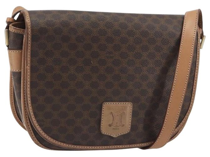Céline CELINE Bolsa de Ombro Macadam em PVC e Couro Marrom com Detalhes Dourados Auth ep15274