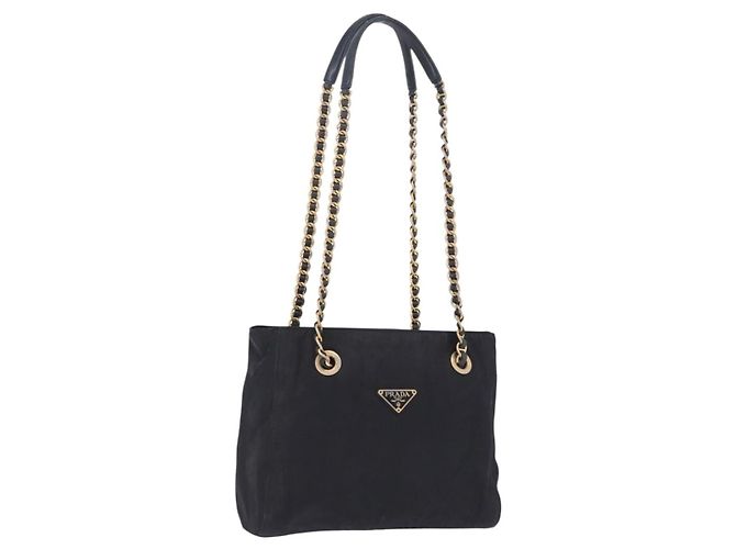 Borsa Tote a Spalla con Catena PRADA Nylon Nero Oro Auth 193554 D'oro