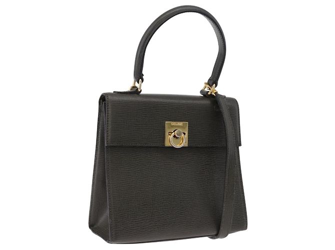 Céline Bolsa CELINE de couro 2way Khaki Gold Tone Auth ep15377 Caqui