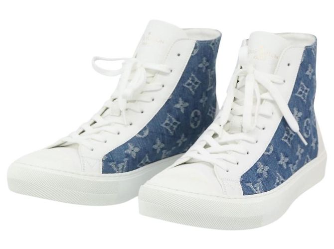 LOUIS VUITTON Monogram Denim Tattoo Line High Top Sneakers Blue LV Auth BA14108M White