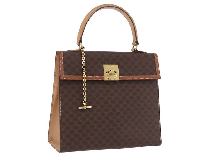 Céline Bolsa CELINE Macadam Canvas PVC Couro Marrom Ouro Auth 193508A Dourado