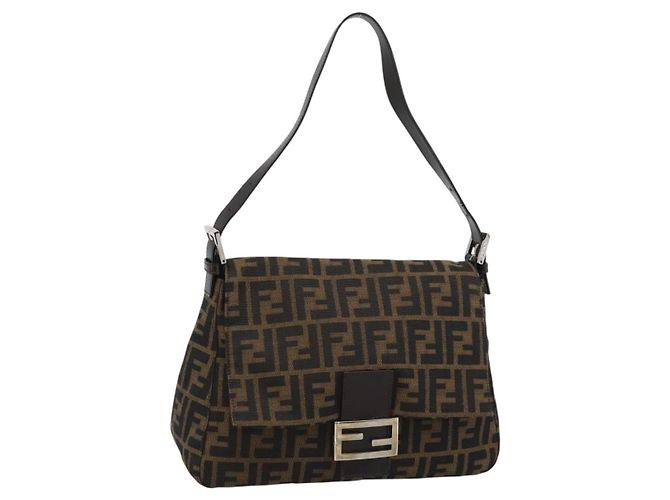 FENDI Zucca Canvas Mamma Baguette Shoulder Bag Black Brown Auth BA14103V