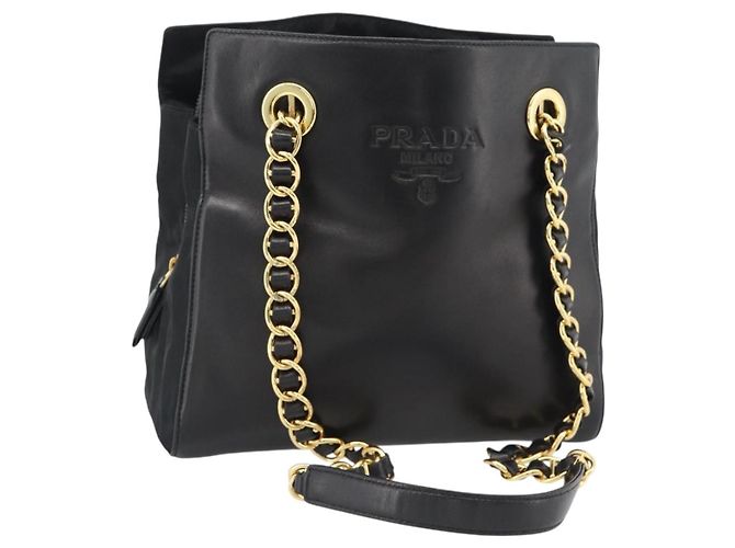 Borsa a Spalla con Catena PRADA in Pelle Nera e Oro Auth 191084A Nero D'oro