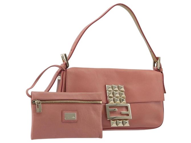 FENDI Studs Mamma Baguette Shoulder Bag Leather Pink Gold Tone Auth yk20664SAM