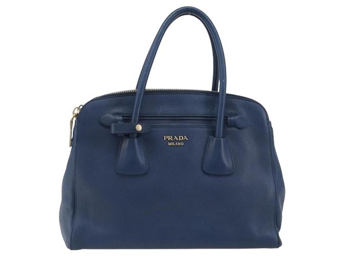 Prada Cuir Frame Double Zip Tote em couro Saffiano Large Azul