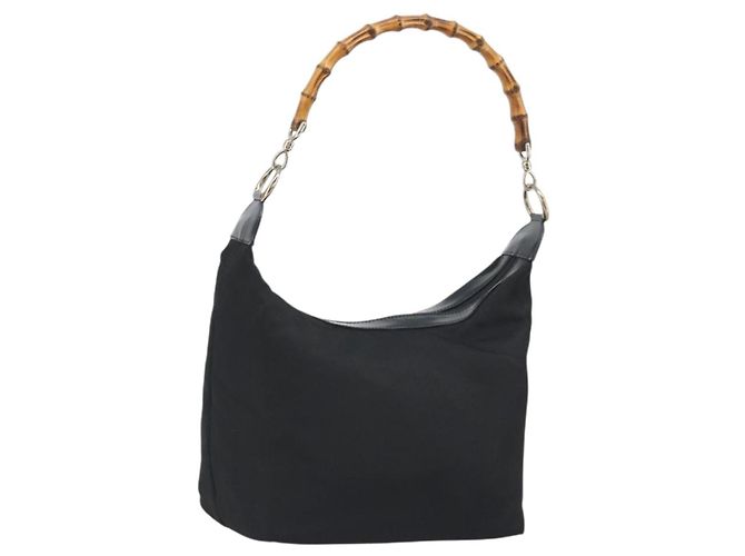 GUCCI Bamboo Handtasche Nylon Schwarz Silber Authentisch ep15413