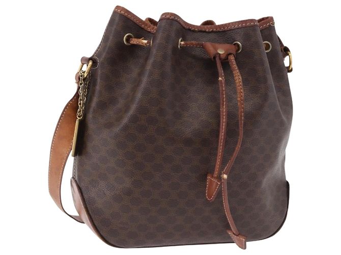 Céline Bolsa de Ombro CELINE Macadam Canvas PVC Couro Marrom Ouro Auth BA14485 Dourado